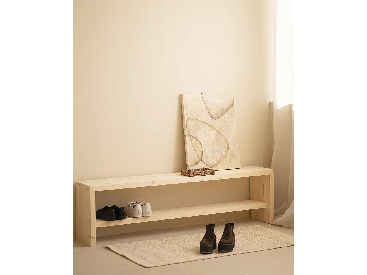 Banco / zapatero de madera maciza de abeto Decowood en tono natural de 165x45cm - TELVA - DECOWOOD