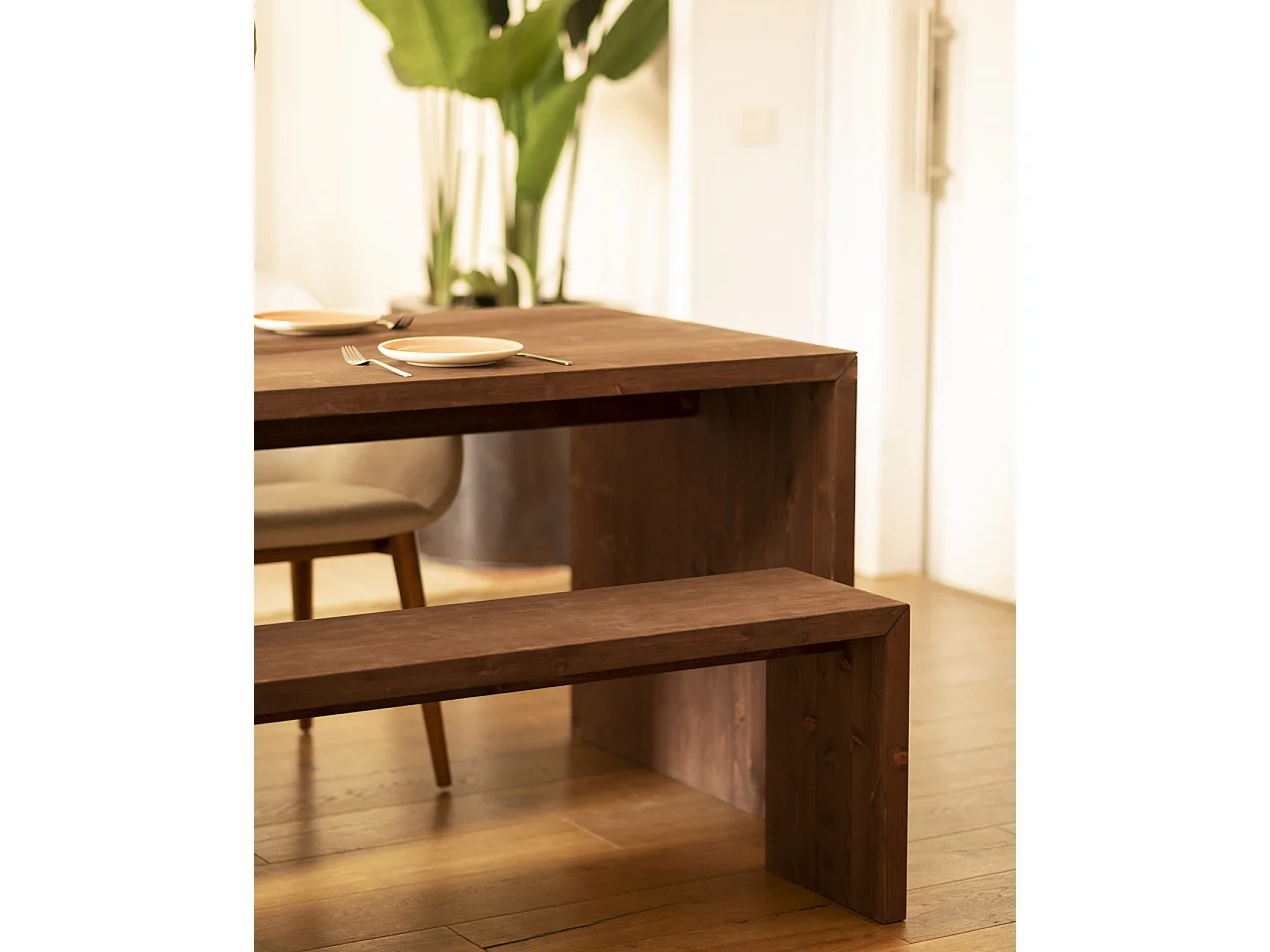 Kit de 2 bancos de madera de abeto rectangulares Decowood para interiores en color nogal de 165x45cm - TELVA - DECOWOOD