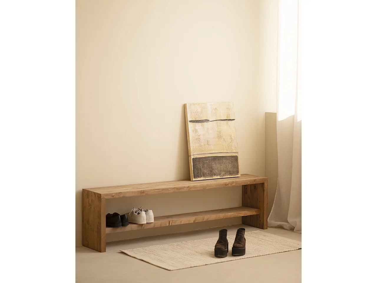 Banco / zapatero de madera maciza de abeto Decowood en tono roble oscuro de 165x45cm - TELVA - DECOWOOD