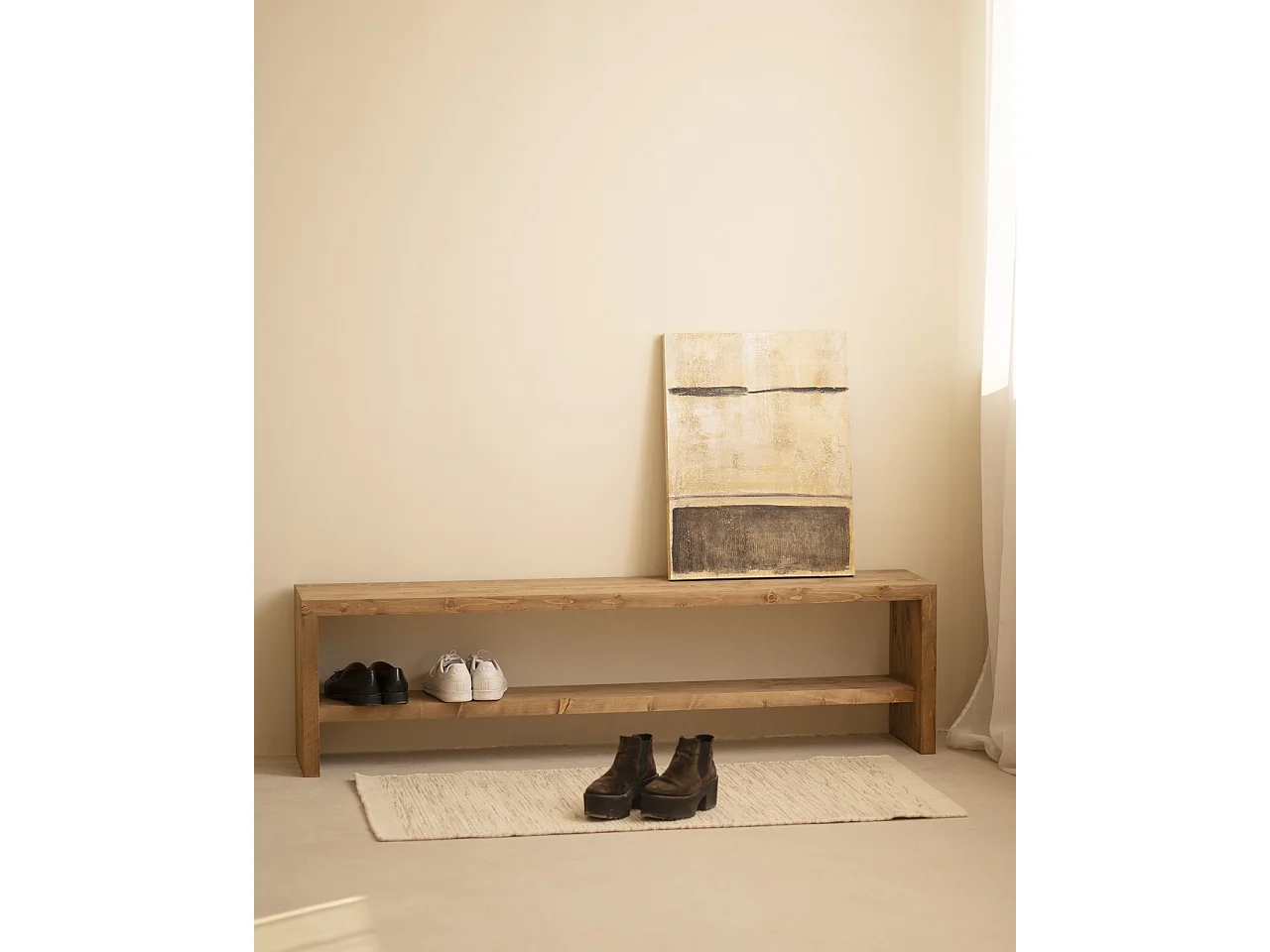 Banco / zapatero de madera maciza de abeto Decowood en tono roble oscuro de 165x45cm - TELVA - DECOWOOD