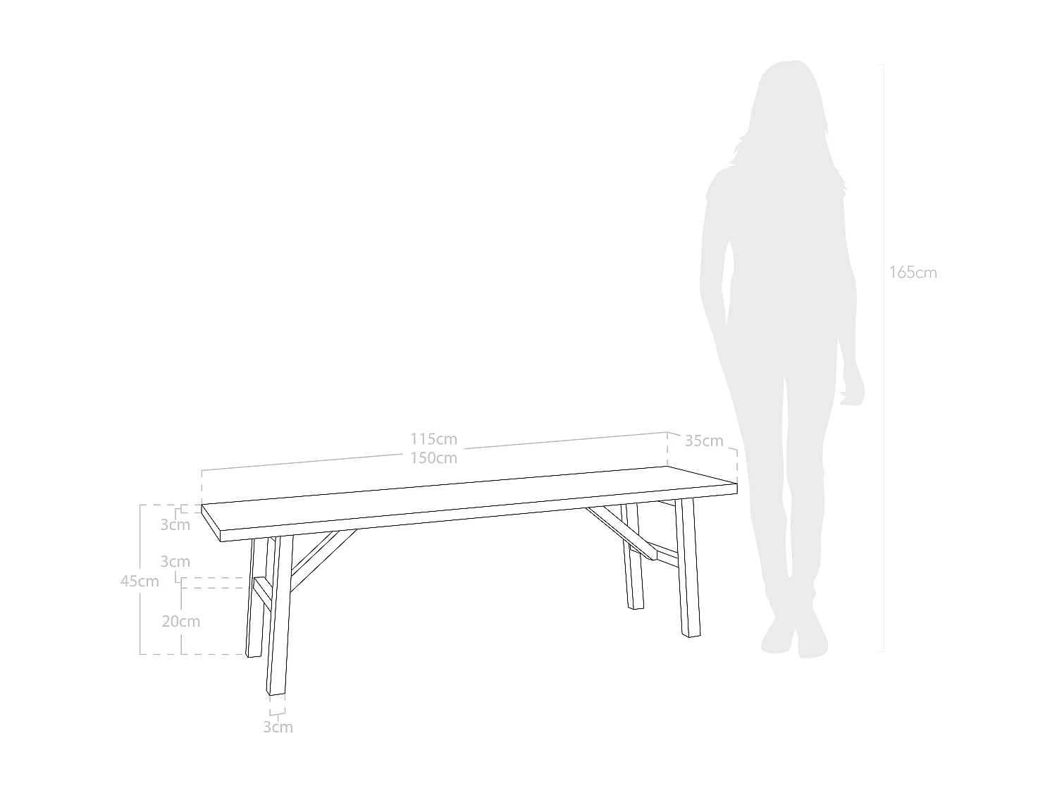 Panca rettangolare in legno masello in tono naturale 115x45cm - SIEP - DECOWOOD