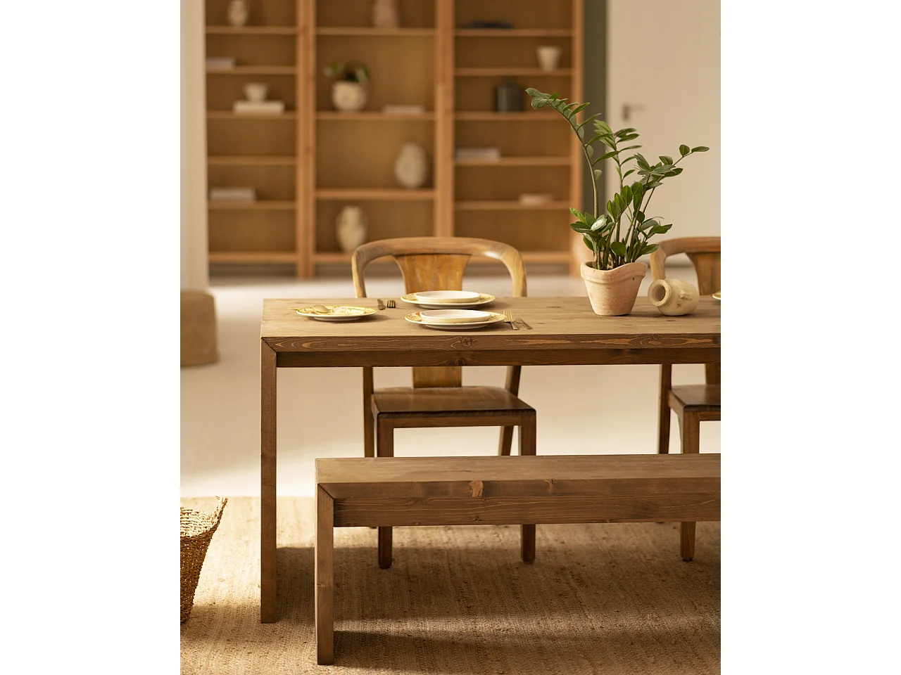 Banco de madera de abeto rectangular Decowood para interiores en color roble oscuro de 165x45cm - TELVA - DECOWOOD