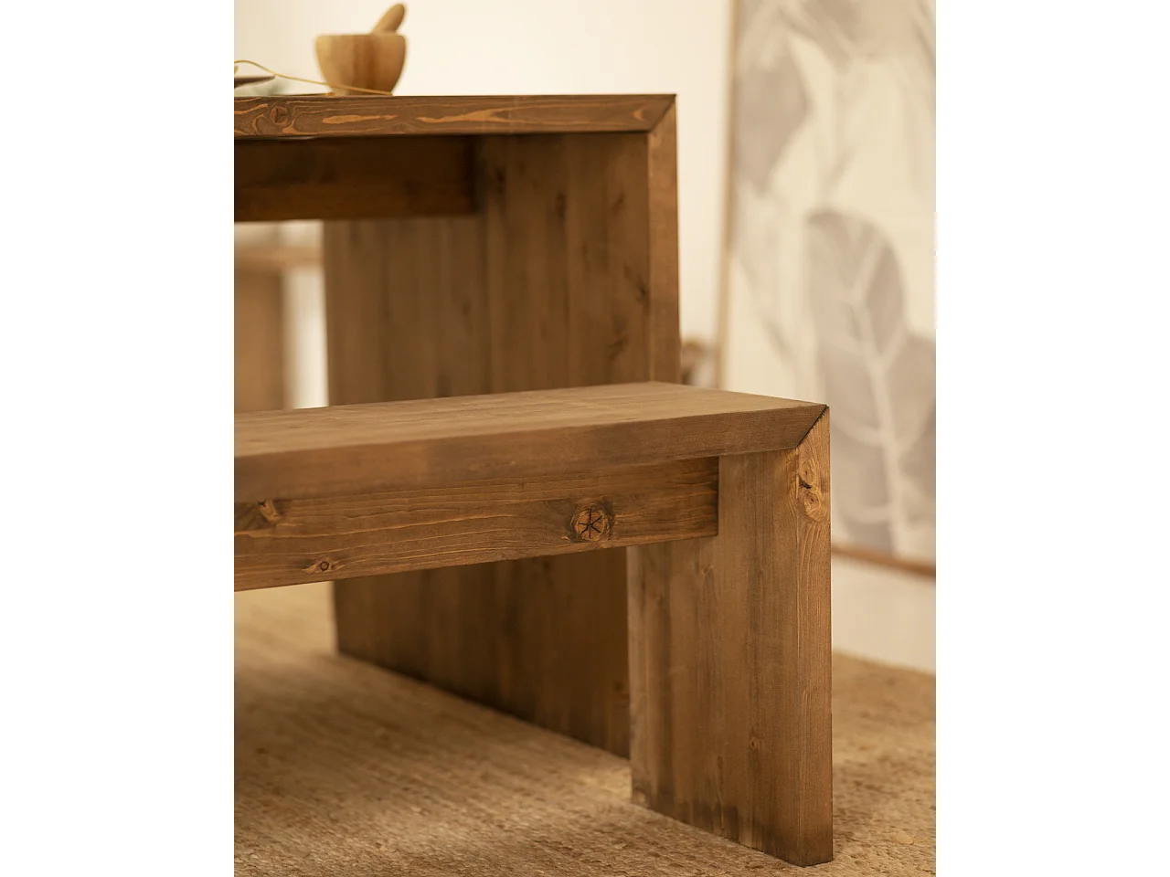 Banco de madera de abeto rectangular Decowood para interiores en color roble oscuro de 165x45cm - TELVA - DECOWOOD