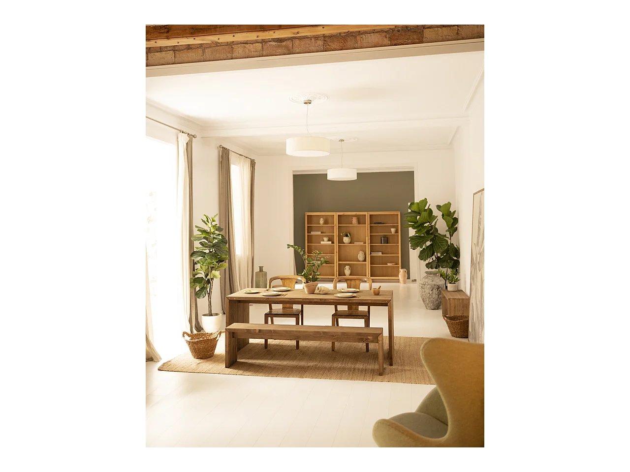 Banco de madera de abeto rectangular Decowood para interiores en color roble oscuro de 165x45cm - TELVA - DECOWOOD