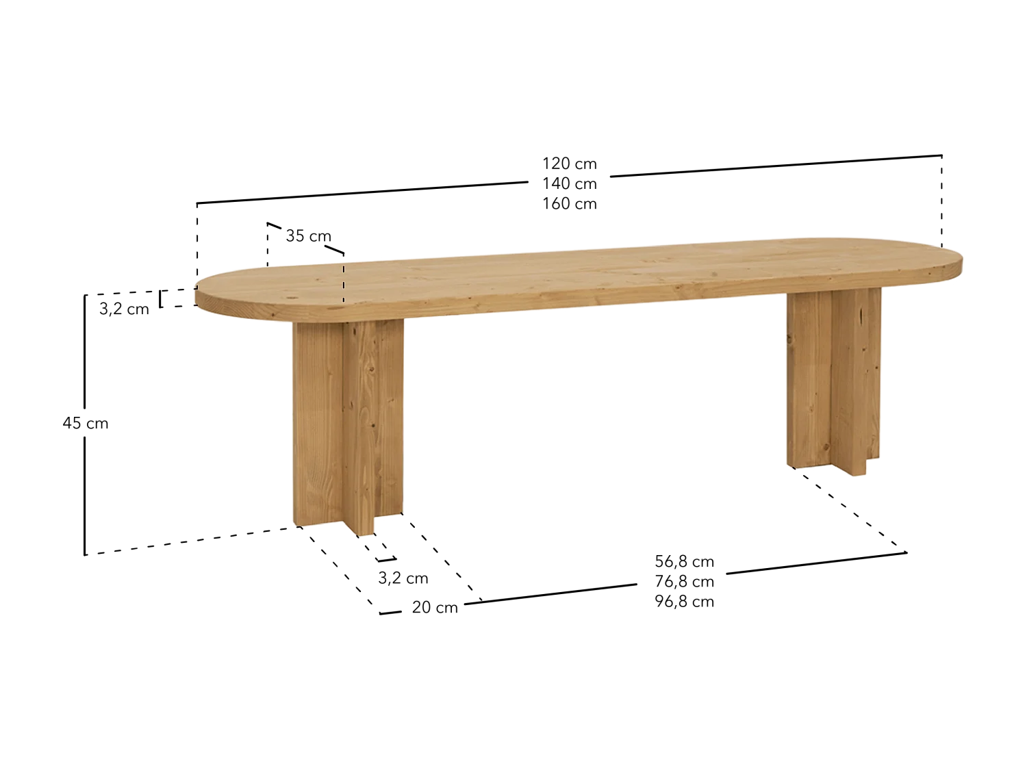 Panca ovale in legno masello in tono marrone chiaro 120x45cm - TOKYO - DECOWOOD