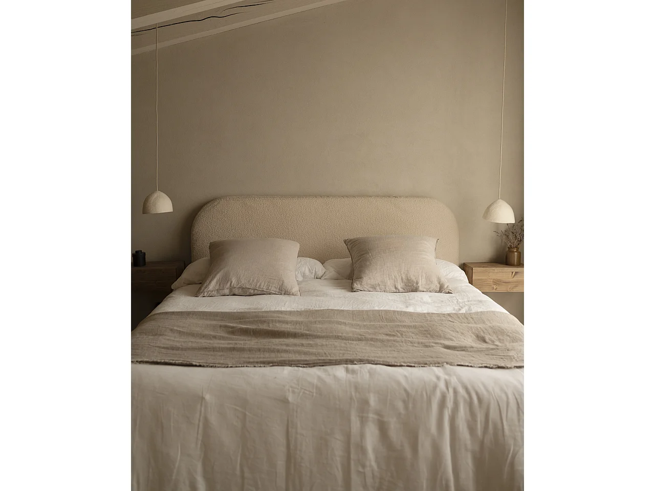 Testiera imbottita sfoderabile in bouclé in tono beige 180x110cm - BERTA - DECOWOOD