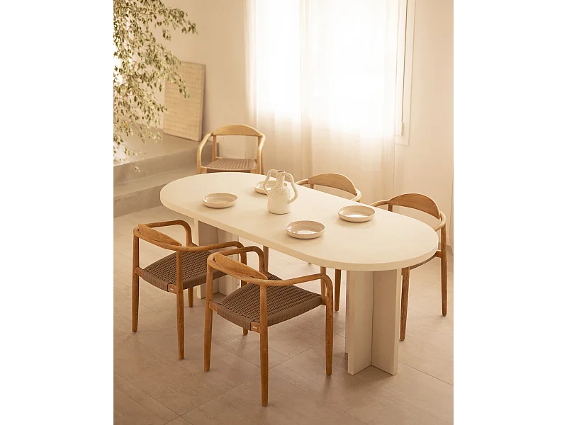 Mesa de comedor de madera maciza de abeto ovalada Decowood en tono blanco en microcemento de 180x80cm - TOKYO - DECOWOOD