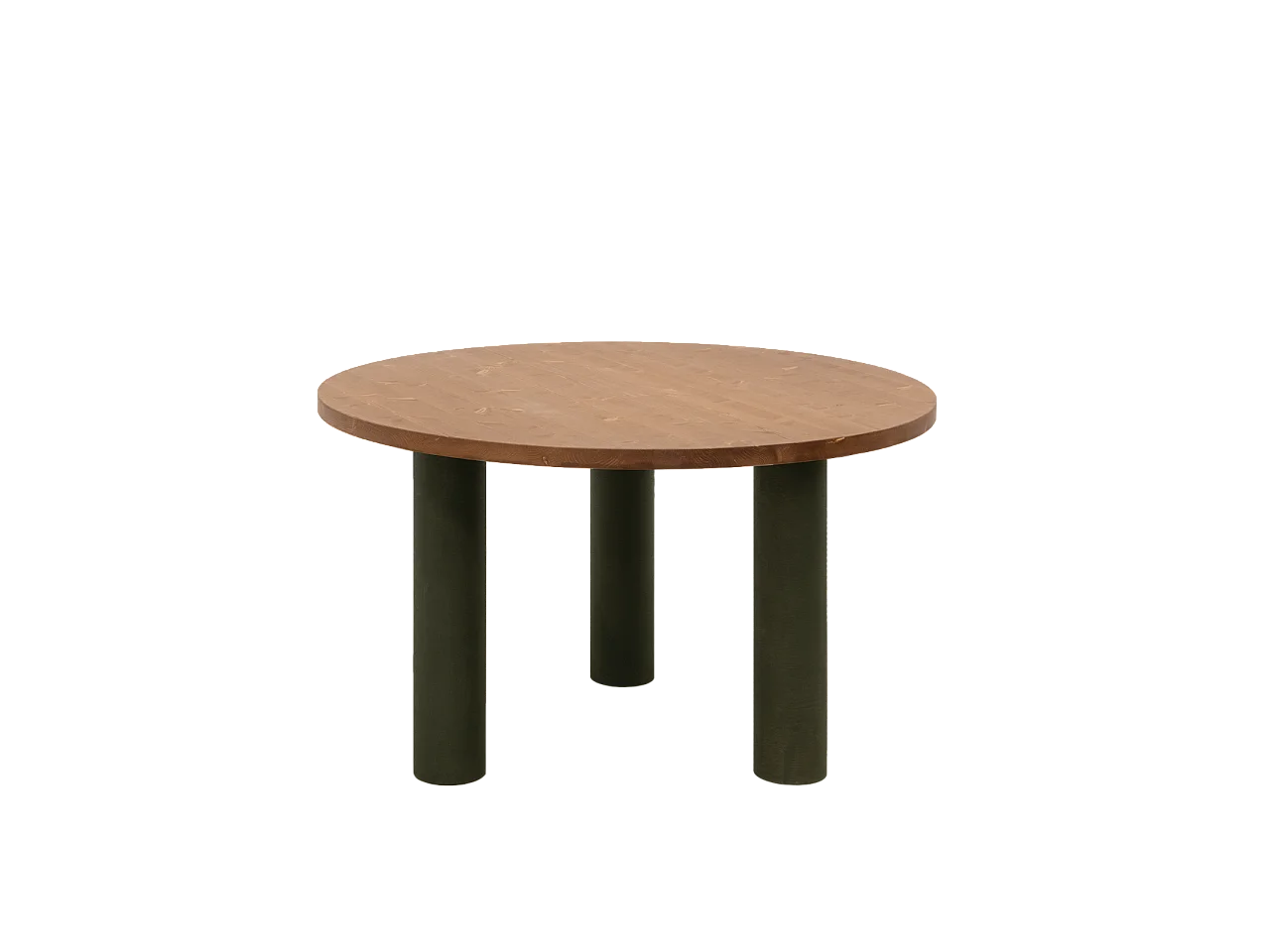 Mesa de comedor redonda de madera maciza tono roble medio y patas de microcemento en tono verde DECOWOOD de Ø120x75cm - LUCÍA - DECOWOOD