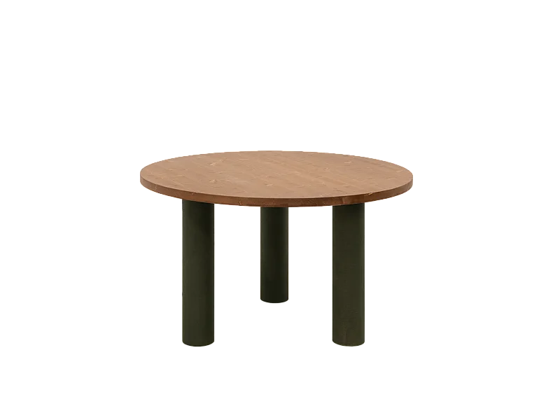Mesa de comedor redonda de madera maciza tono roble medio y patas de microcemento en tono verde DECOWOOD de Ø120x75cm - LUCÍA - DECOWOOD