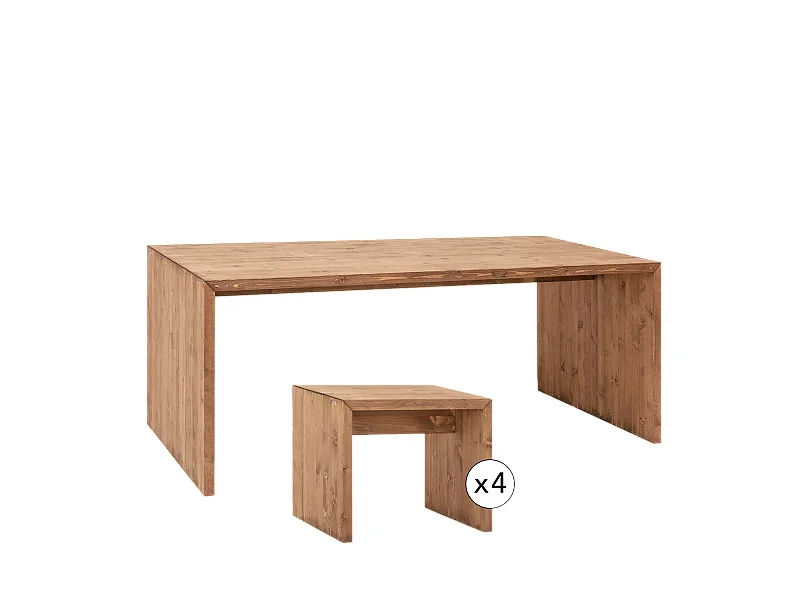 Ensemble table à manger + 4 tabourets bois de sapin vieilli 120x75cm - TELVA - DECOWOOD
