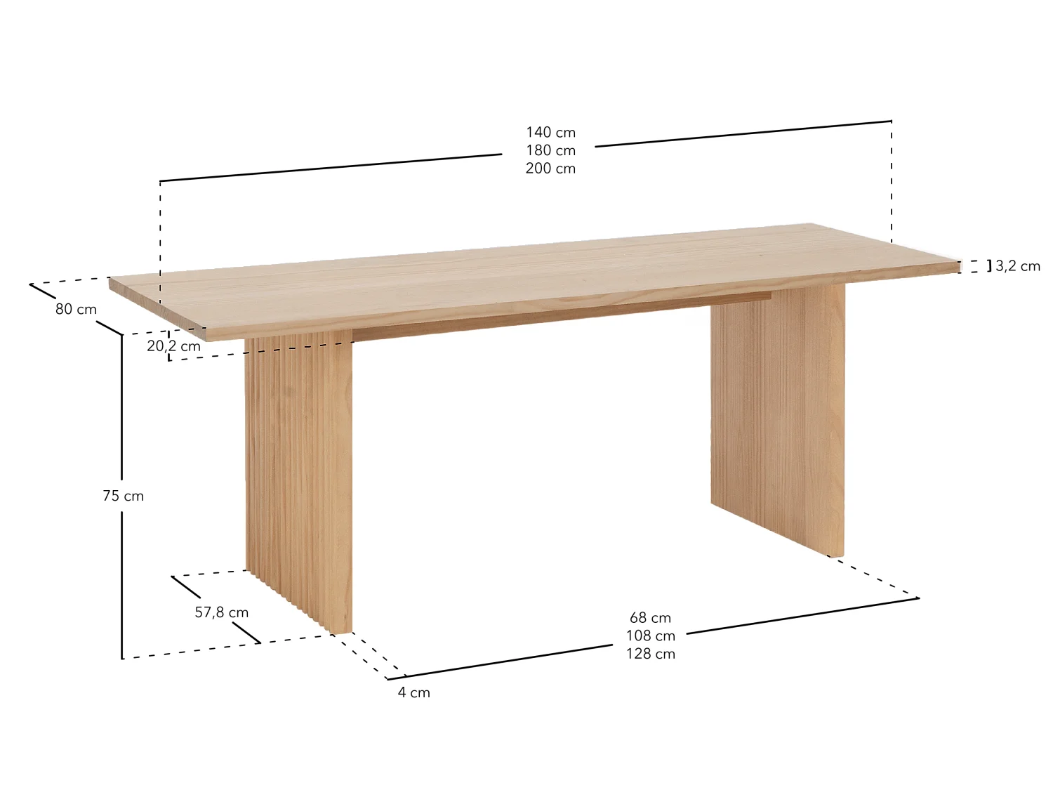 Mesa de comedor de madera de pino maciza rectangular con patas ranuradas Decowood de 200x80cm en tono natural - BALI - DECOWOOD