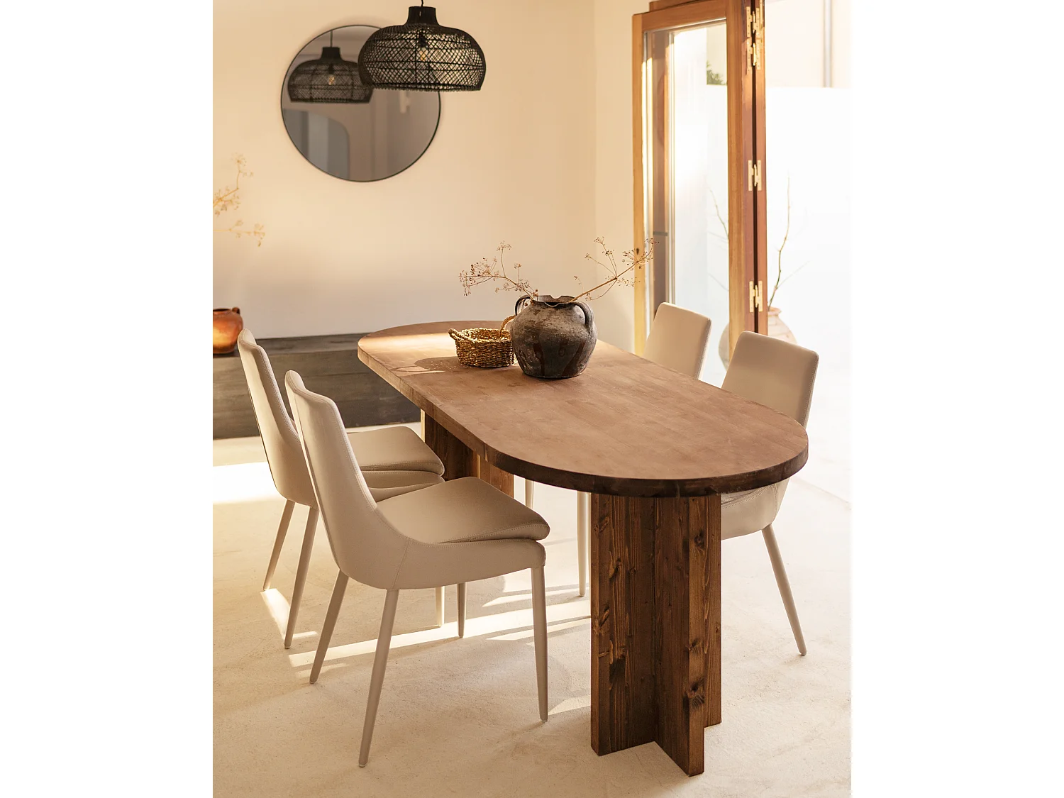 Ensemble table à manger ovale et banc bois de sapin marron 160x75cm - TOKYO - DECOWOOD