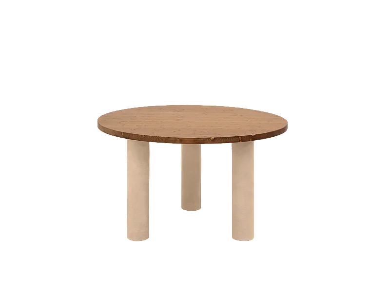 Mesa de comedor redonda de madera maciza tono roble oscuro y patas de microcemento en tono tierra DECOWOOD de Ø120x75cm - LUCÍA - DECOWOOD