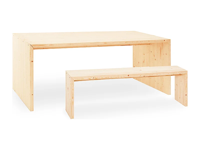 Pack mesa de comedor de 200x75cm y banco de 165x45cm rectangulares de madera de abeto maciza Decowood en tono natural - TELVA - DECOWOOD
