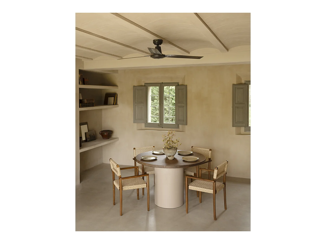 Mesa de comedor redonda de madera maciza tono roble oscuro y patas de microcemento en tono tierra DECOWOOD de Ø100x75cm - LUCÍA - DECOWOOD