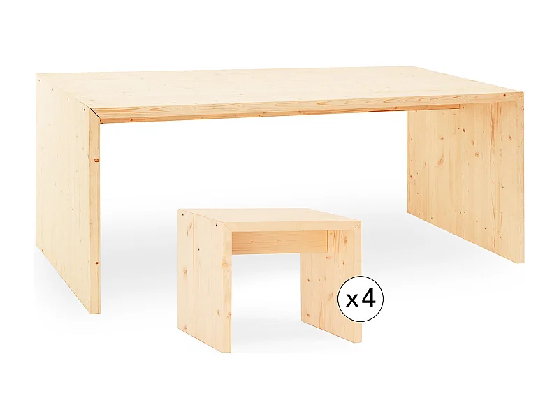 Pack mesa de comedor de 120x75cm y 4 taburetes de 50x45cm rectangulares de madera de abeto maciza Decowood en tono natural - TELVA - DECOWOOD