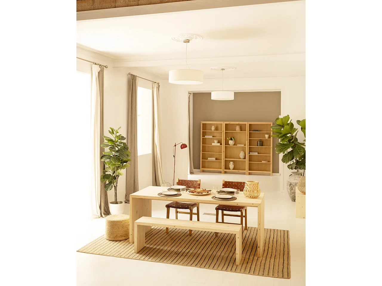 Mesa de comedor rectangular de madera de abeto maciza Decowood en tono natural de 200x75cm - TELVA - DECOWOOD