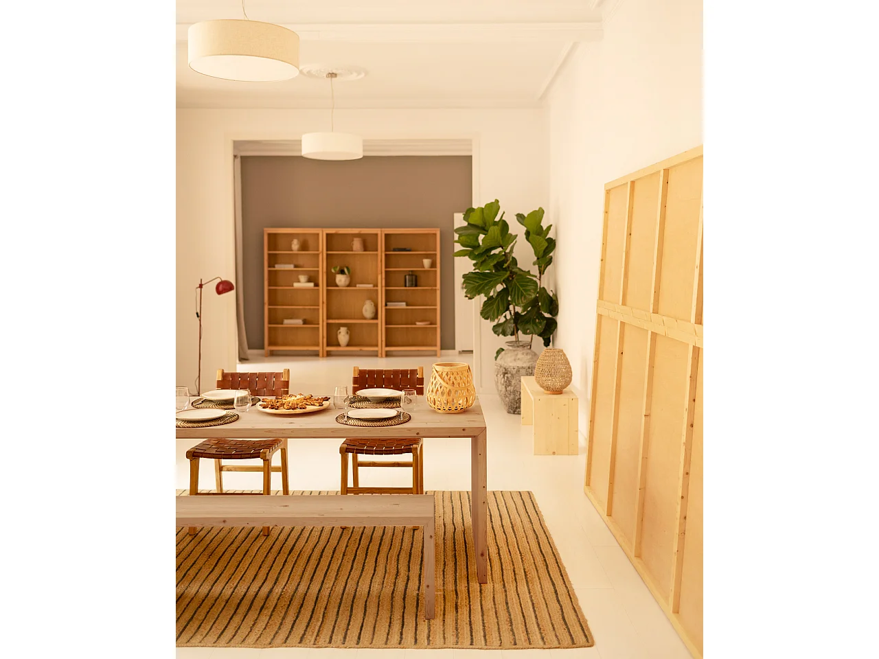 Pack mesa de comedor de 160x75cm y banco de 145x45cm rectangulares de madera de abeto maciza Decowood en tono roble medio - TELVA - DECOWOOD