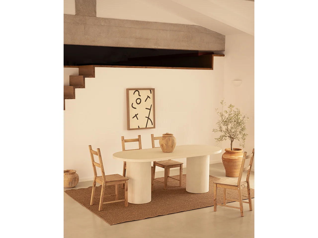 Table de salle à manger ovale en microciment blanc cassé 200x75cm - LUCÍA - DECOWOOD