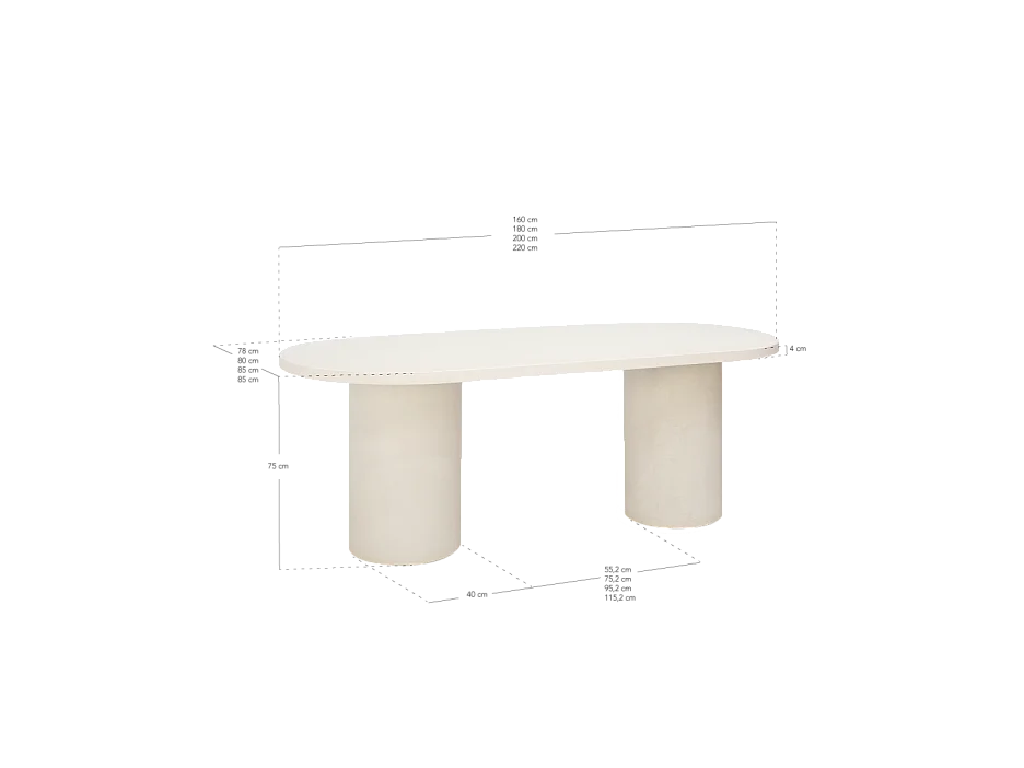 Table de salle à manger ovale en microciment blanc cassé 200x75cm - LUCÍA - DECOWOOD