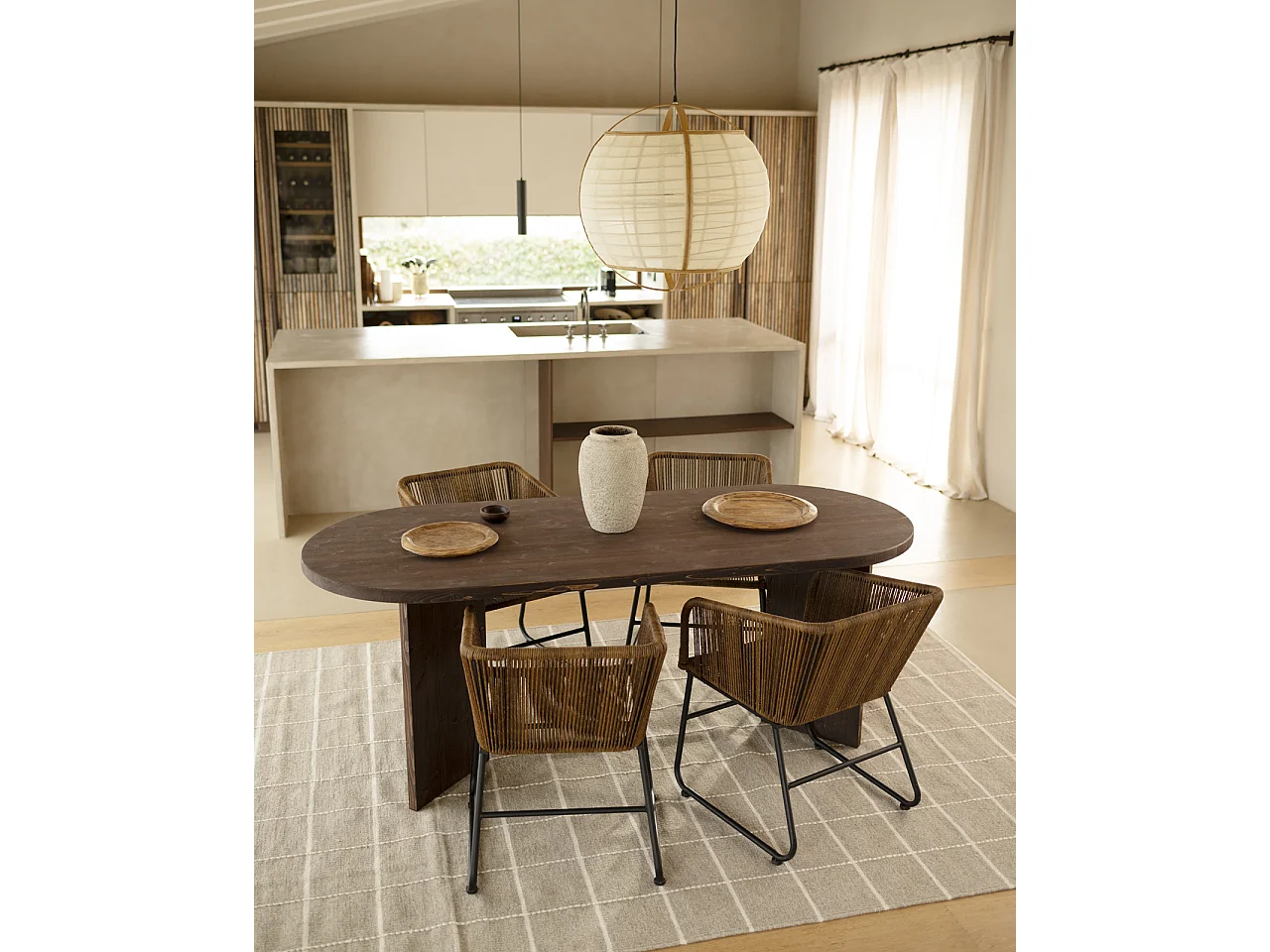 Mesa de comedor de madera maciza de abeto ovalada Decowood en tono nogal de 200x75cm en tono nogal - OSAKA - DECOWOOD