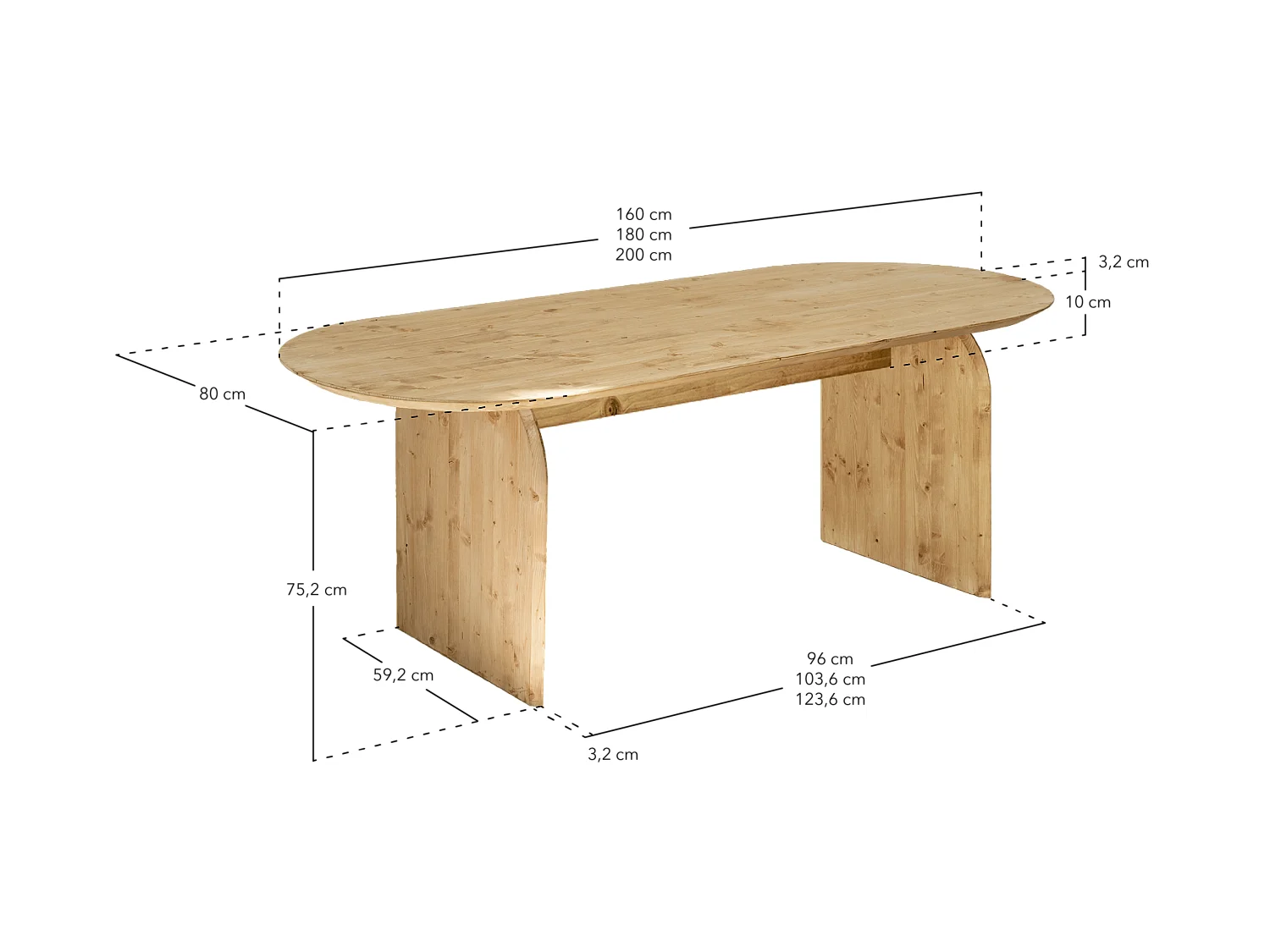 Mesa de comedor de madera de abeto maciza ovalada Decowood en tono natural de 160x75,2cm - BLOOM - DECOWOOD