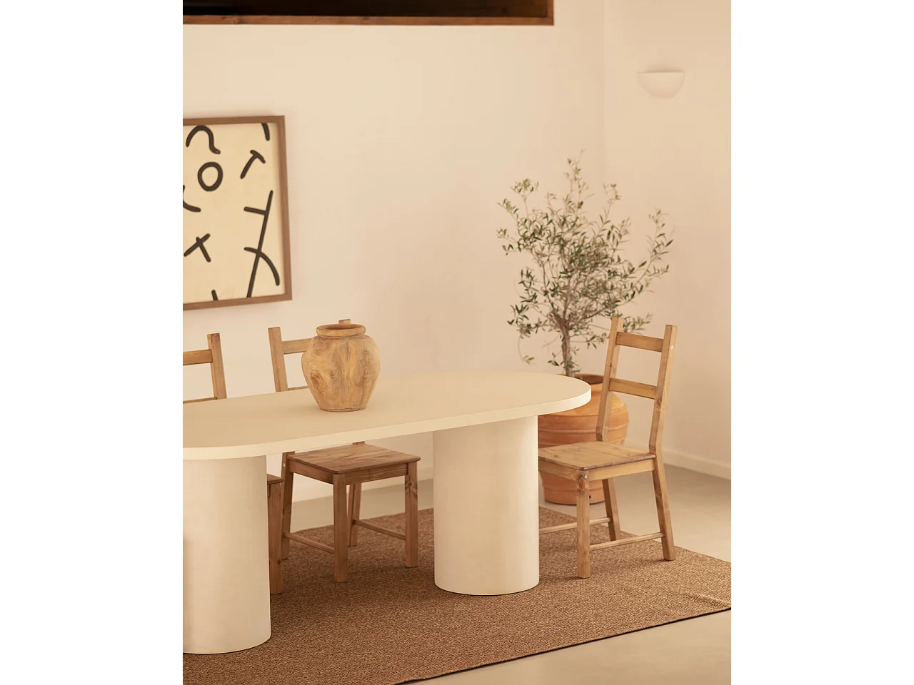 Table de salle à manger ovale en microciment blanc cassé 220x75cm - LUCÍA - DECOWOOD