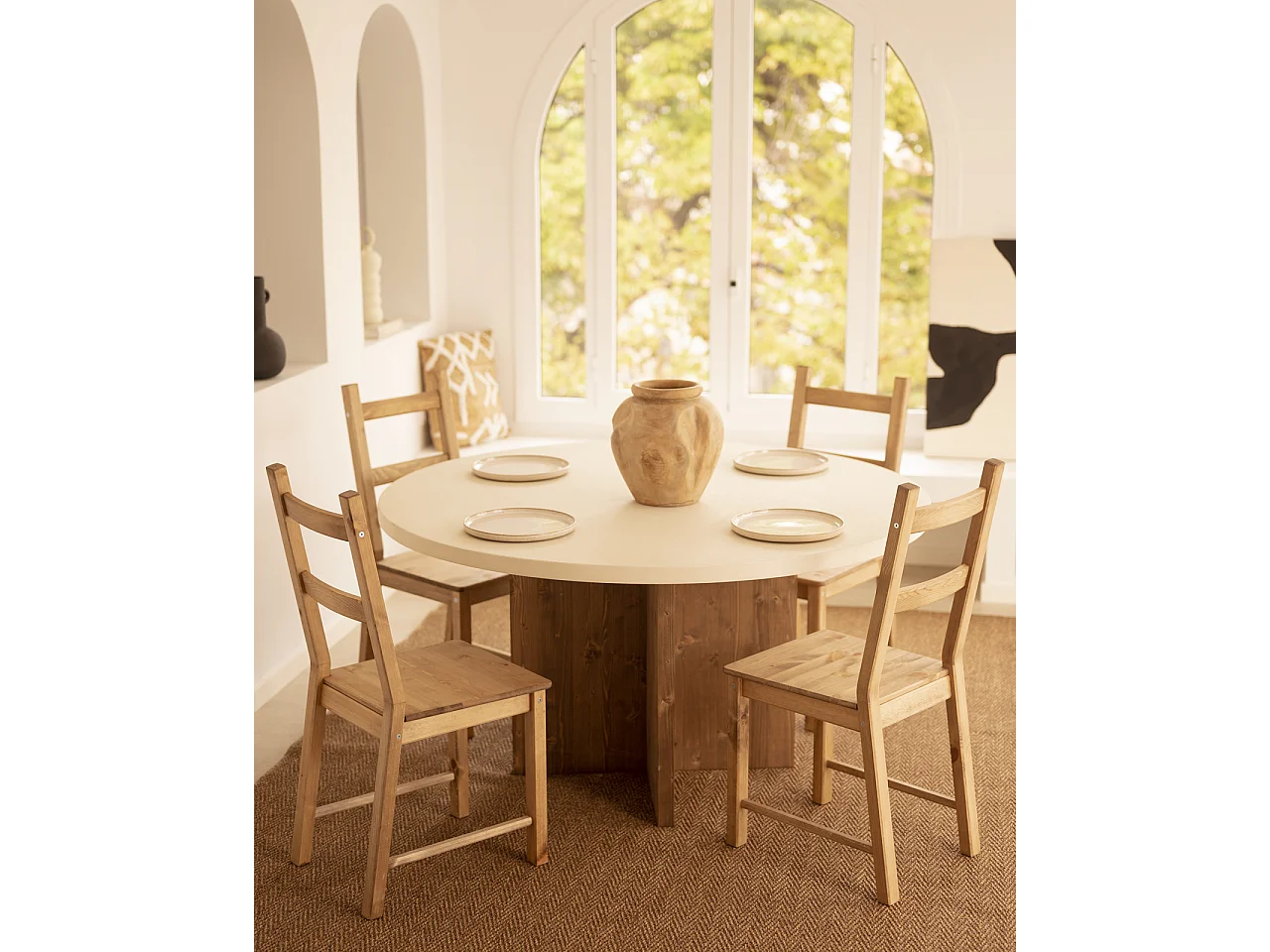 Mesa de comedor de madera maciza de abeto redonda Decowood en tono blanco en microcemento y pata en roble oscuro de Ø110x75cm - TOKYO - DECOWOOD