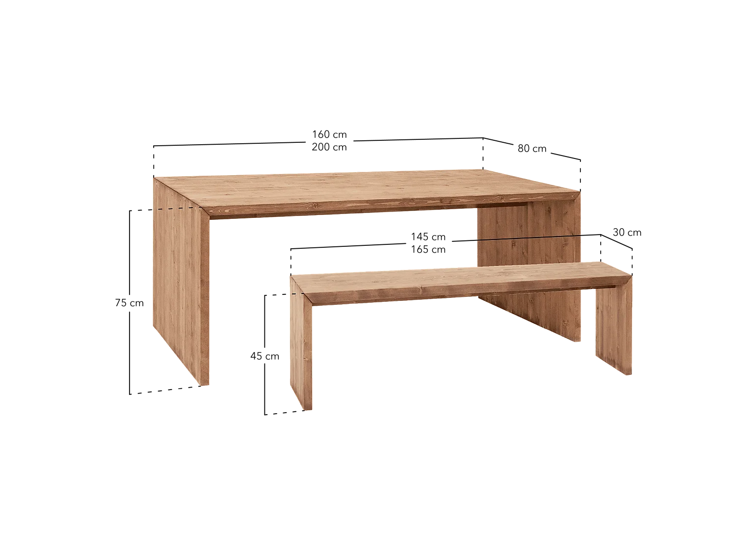 Ensemble table à manger et banc en bois de sapin marron 160x75cm - TELVA - DECOWOOD