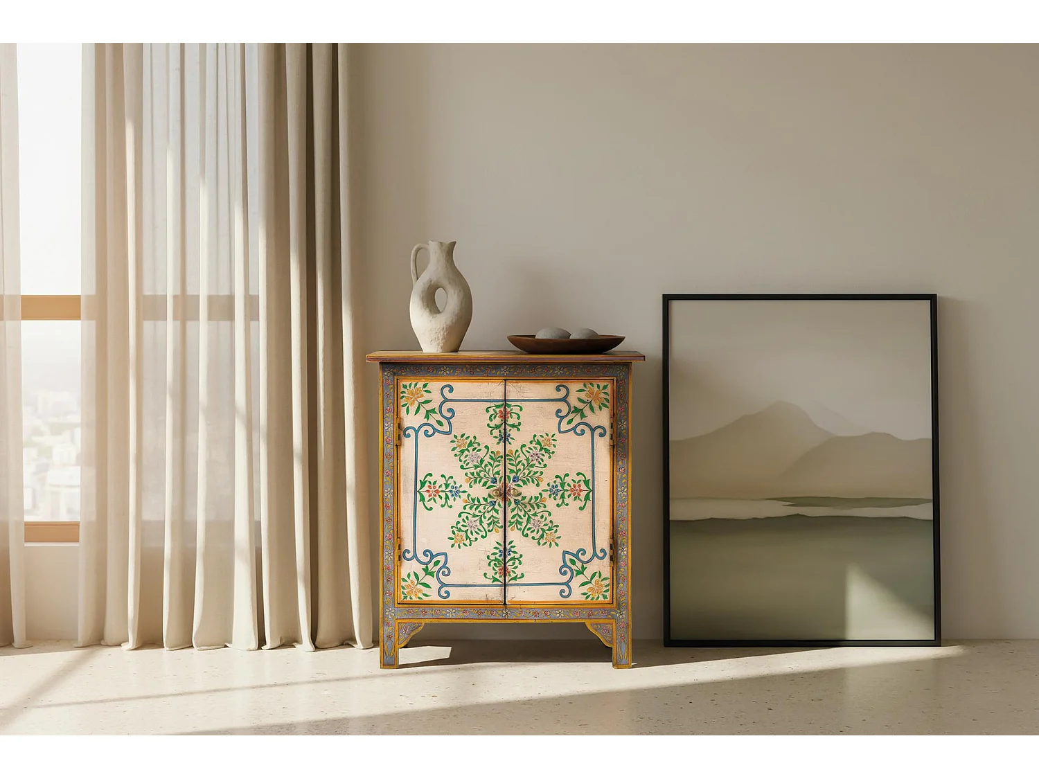 Table d'appoint en bois de manguier 65 cm, style ethnique artisanal - 77 x 65 x 33 cm