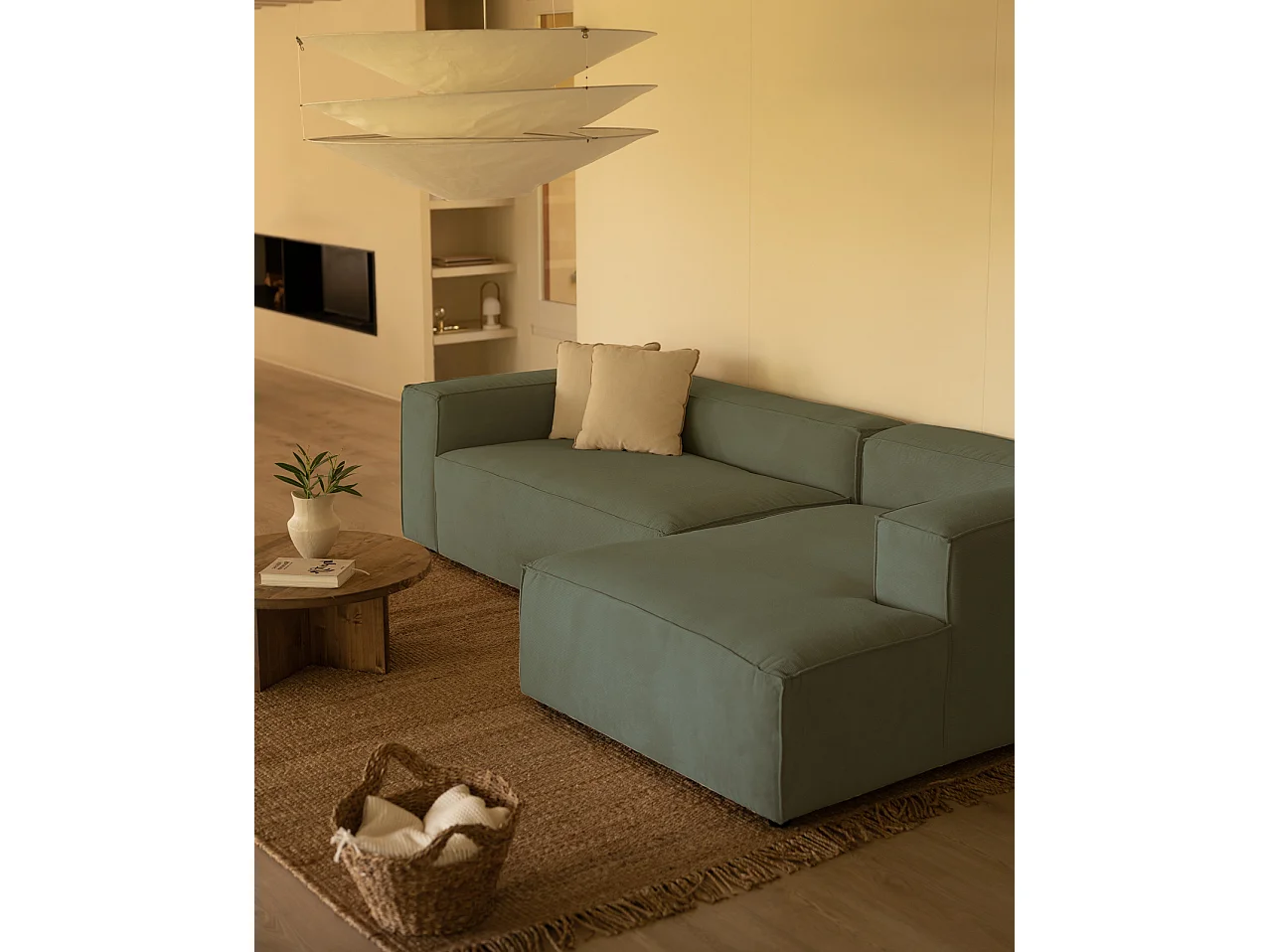 Sofá de 2 plazas con chaise longue derecho de pana verde azulado 250x70x175cm - LOLA - DECOWOOD
