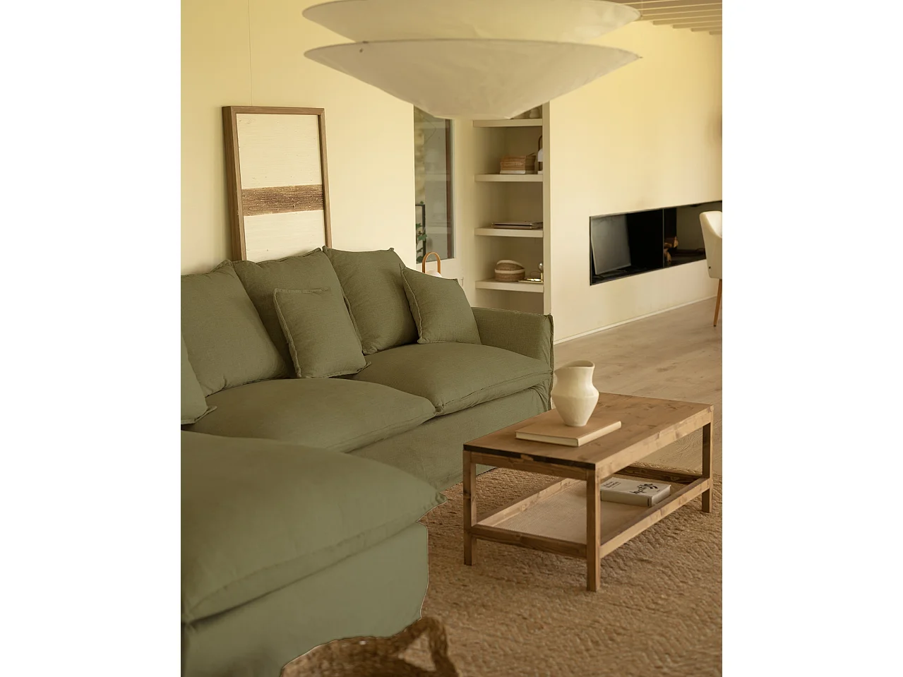 Sofá con chaise longue izquierdo desenfundable verde 4/5 plazas 310x95x170cm - MIA - DECOWOOD