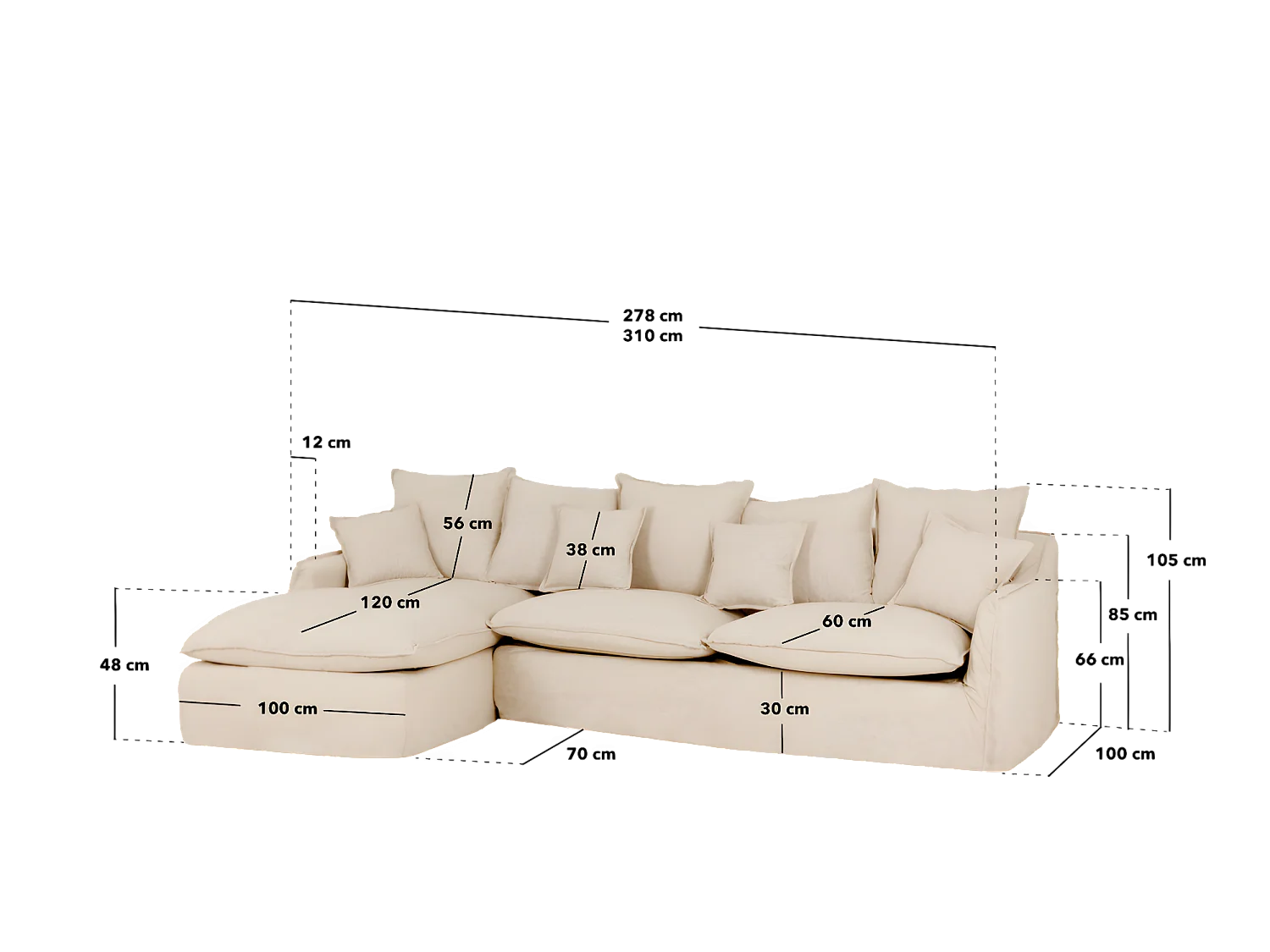 Sofá con chaise longue izquierdo desenfundable teja 4/5 plazas 310x95x170cm - MIA - DECOWOOD