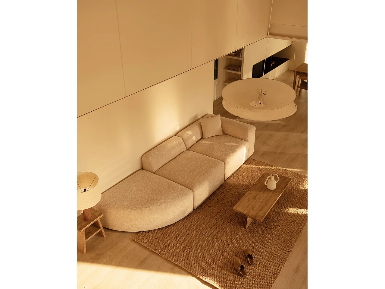 Sofá de 3 módulos con curva izquierda de bouclé color beige 320x70x110cm - BERTA - DECOWOOD