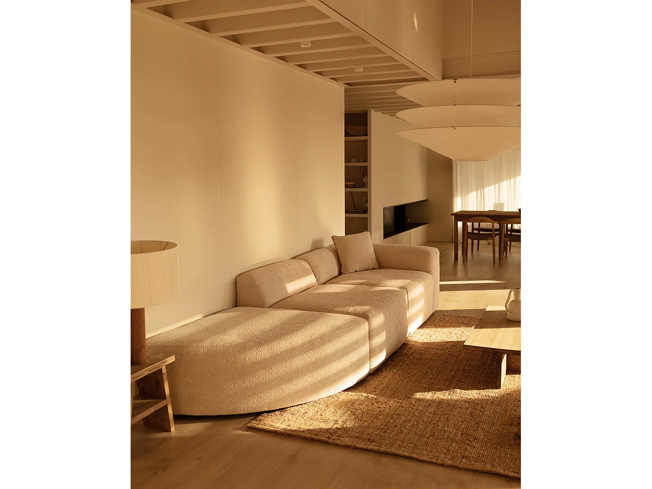 Sofá de 3 módulos con curva izquierda de bouclé color beige 320x70x110cm - BERTA - DECOWOOD