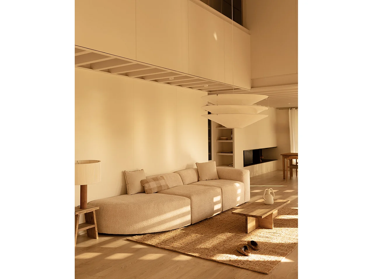 Divano a 3 moduli curva a sinistra in bouclé colore beige 320x110cm