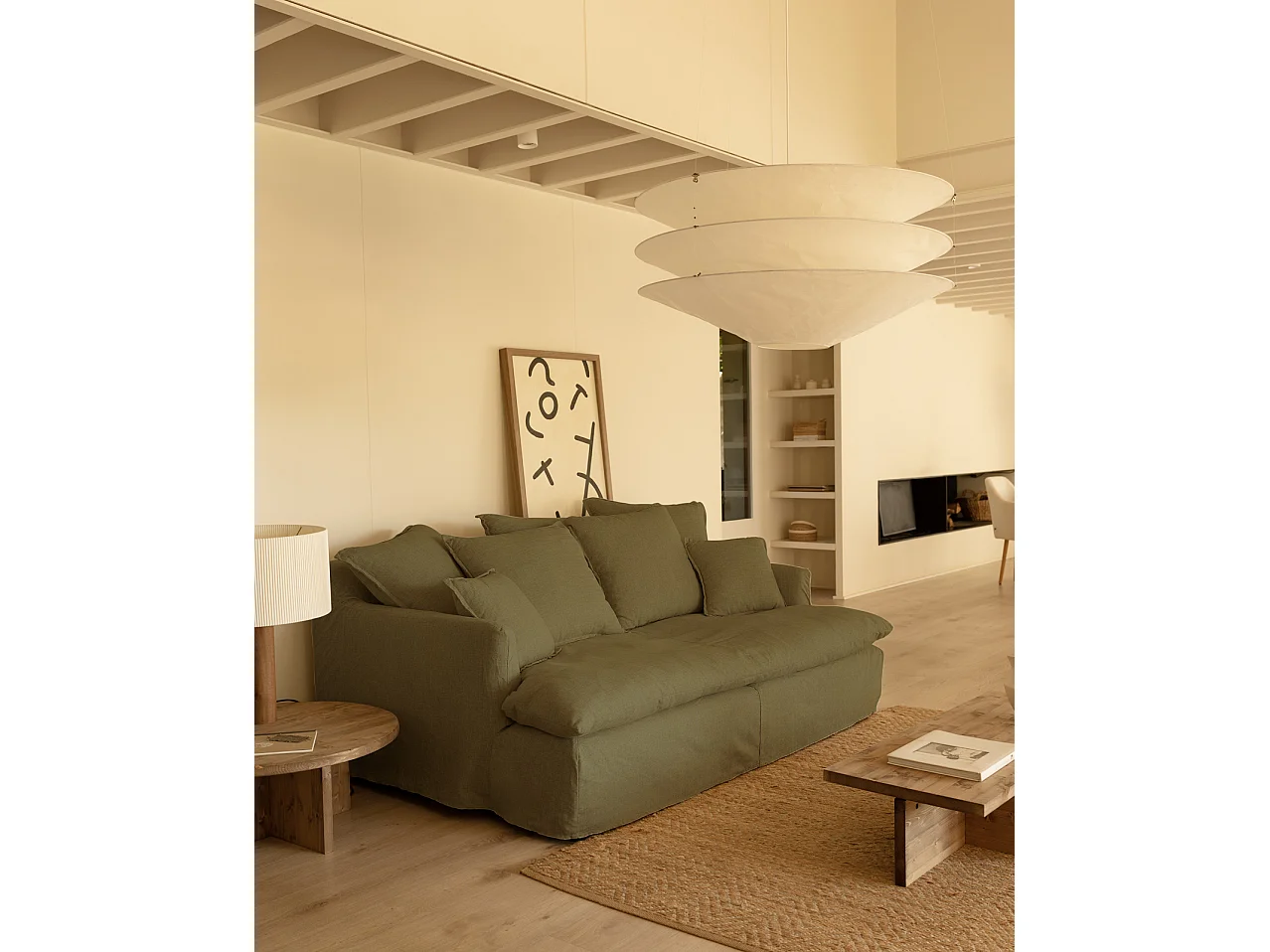 Sofá 2 plazas fondo medio de algodón y lino desenfundable verde 200x95x130cm - MIA - DECOWOOD