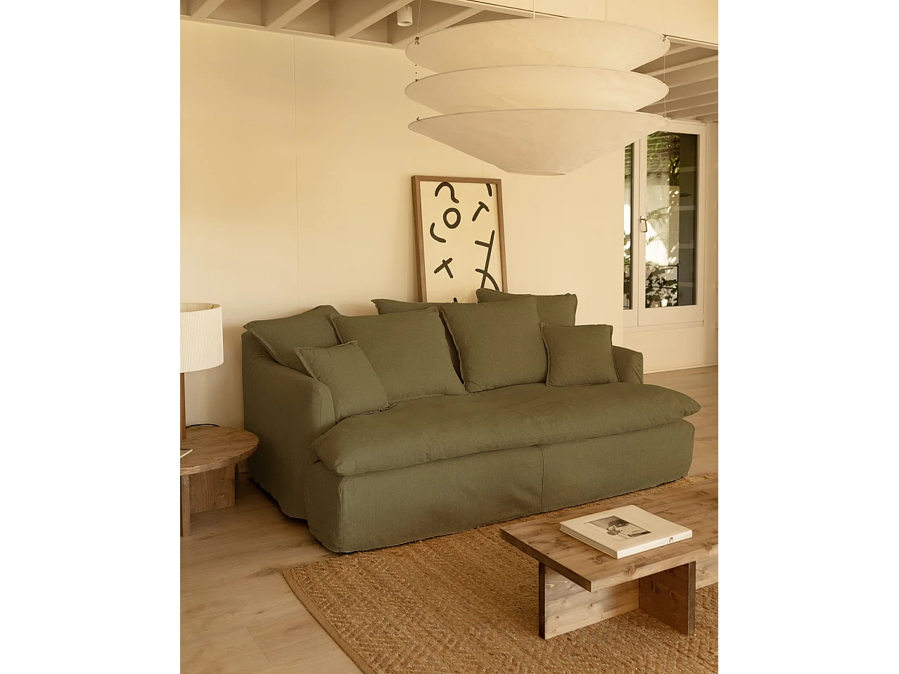 Sofá 2 plazas fondo medio de algodón y lino desenfundable verde 200x95x130cm - MIA - DECOWOOD