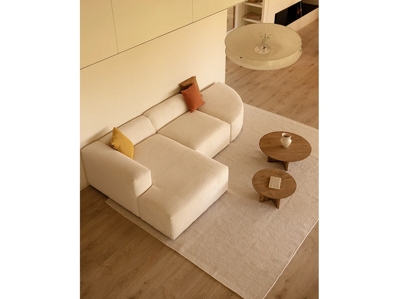 Sofá de 3 módulos curvo con chaise longue izquierdo bouclé blanco 320x70x172cm - BERTA - DECOWOOD