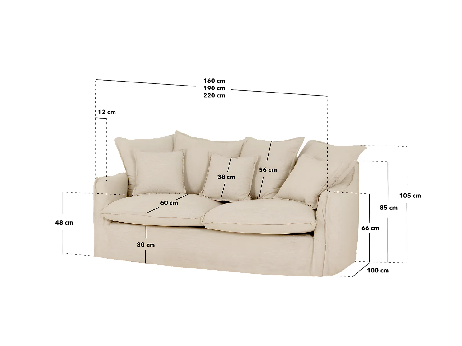 Canapé 3/4 places en coton et lin déhoussable couleur beige