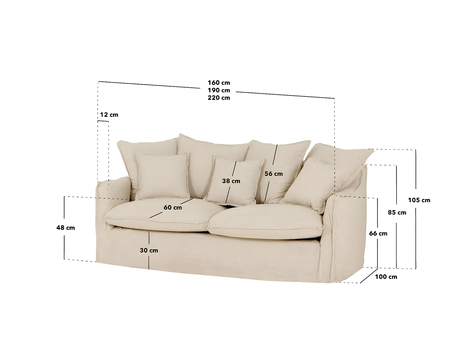 Sofá de 3/4 plazas de algodón y lino desenfundable color beige 220x95x100cm - MIA - DECOWOOD