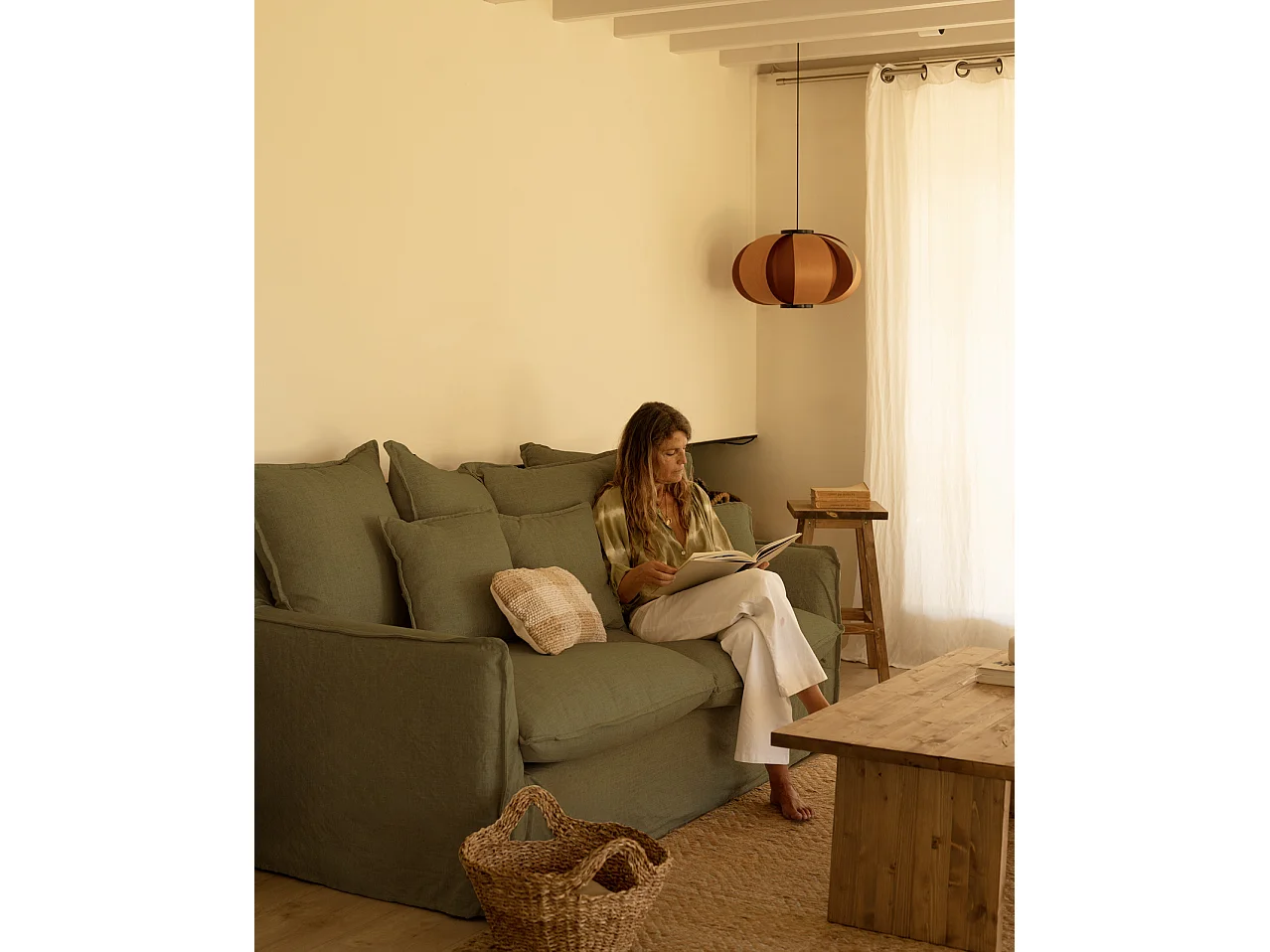 Sofá de 2 plazas de algodón y lino desenfundable color verde 160x95x100cm - MIA - DECOWOOD