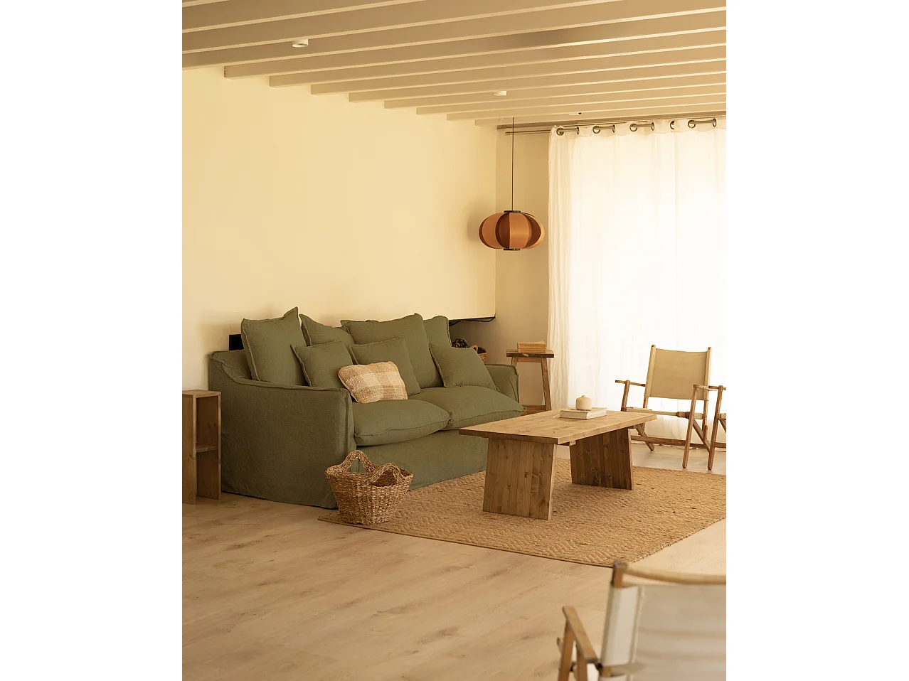 Sofá de 2 plazas de algodón y lino desenfundable color verde 160x95x100cm - MIA - DECOWOOD