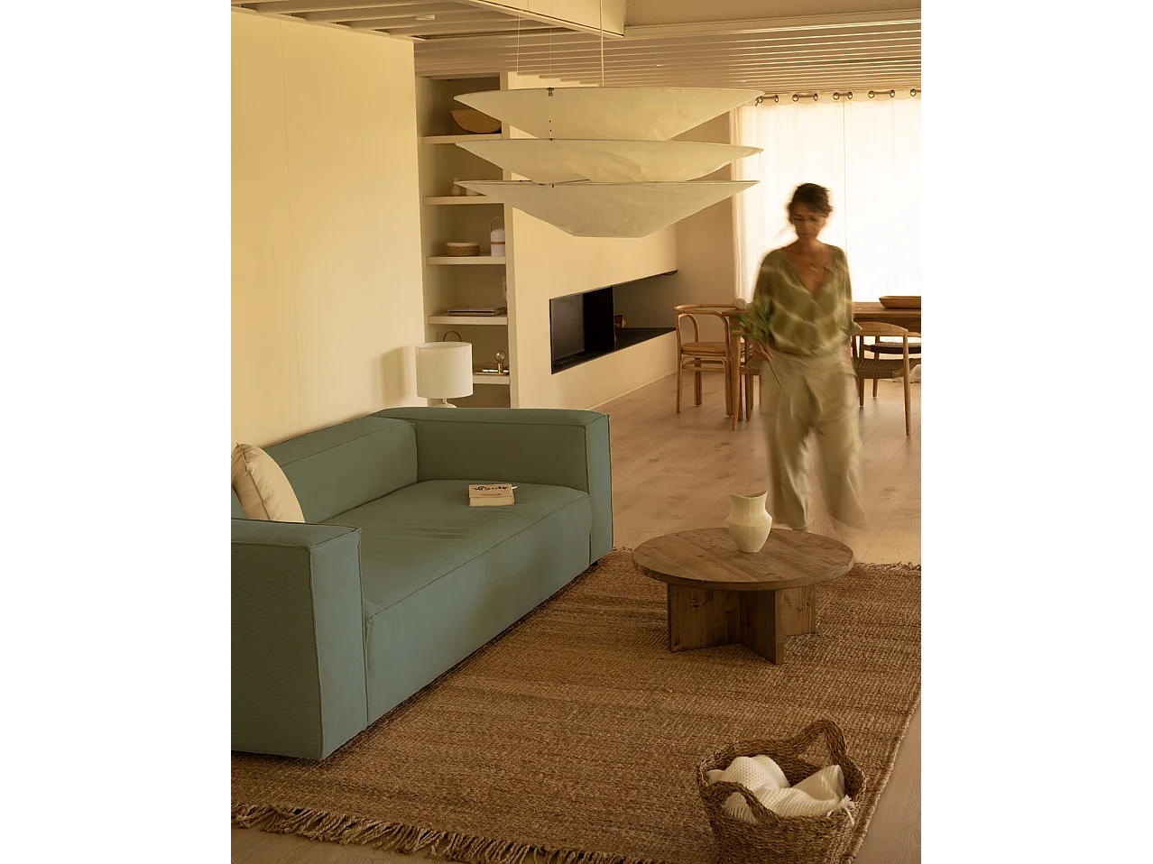 Sofá de 3/4 plazas de pana color verde azulado 210x70x110cm - LOLA - DECOWOOD