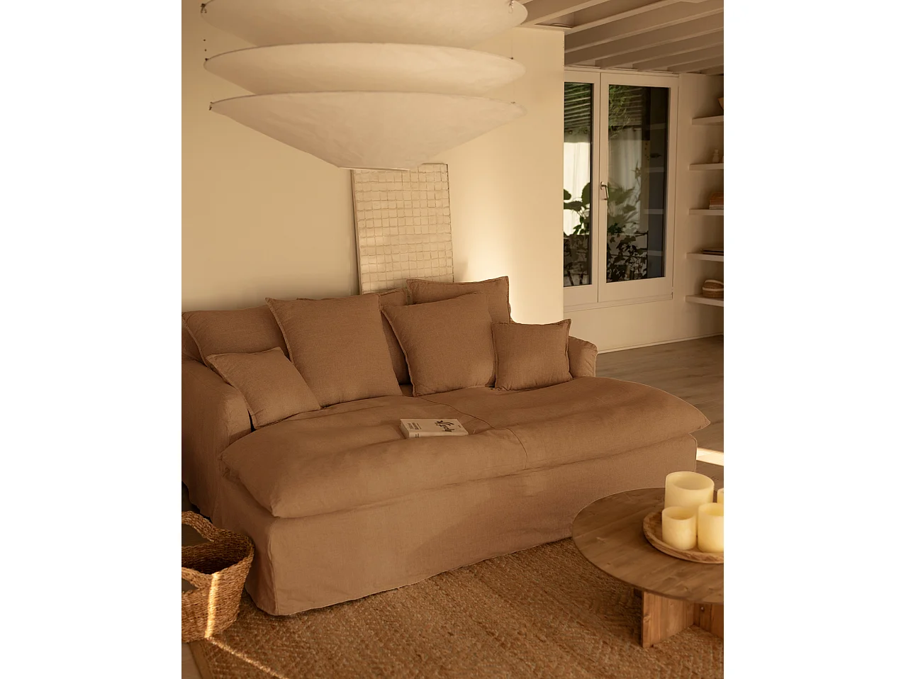 Canapé 2 places à profondeur longue coton et lin déhoussable tuile