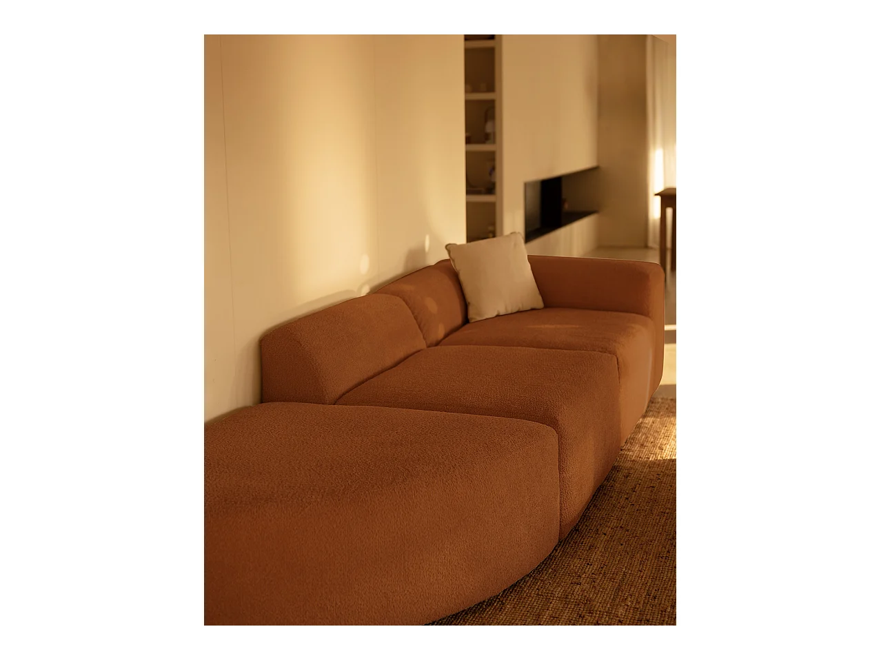 Sofá de 3 módulos con curva izquierda de bouclé color cobre 320x70x110cm - BERTA - DECOWOOD