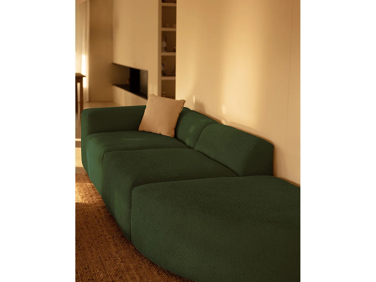 Canapé 5/6 places 3 modules avec courbe à droite en bouclé vert