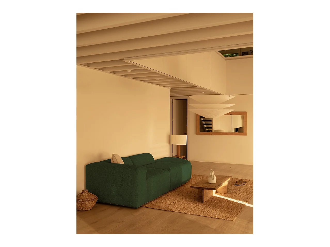 Sofá de 3 módulos con curva derecha de bouclé color verde 320x70x110cm - BERTA - DECOWOOD