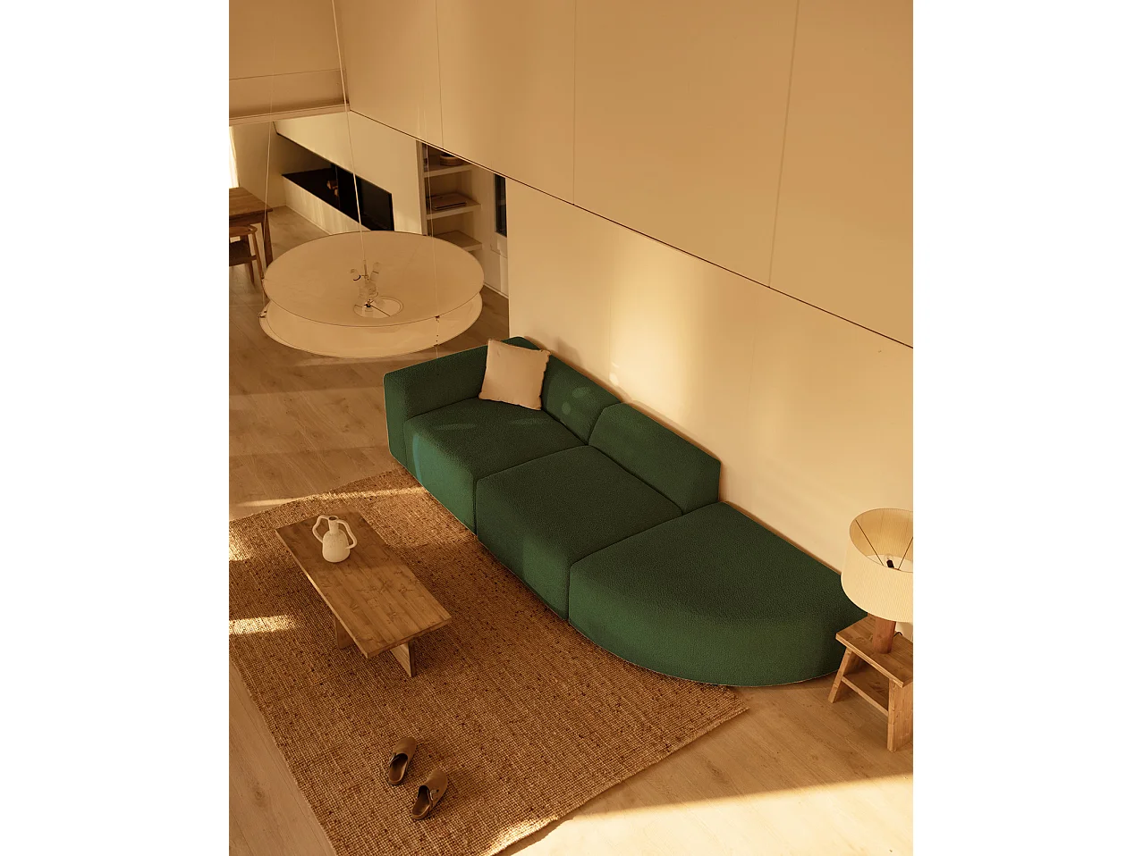 Divano a 3 moduli con curva a destra in bouclé verde 320x110cm