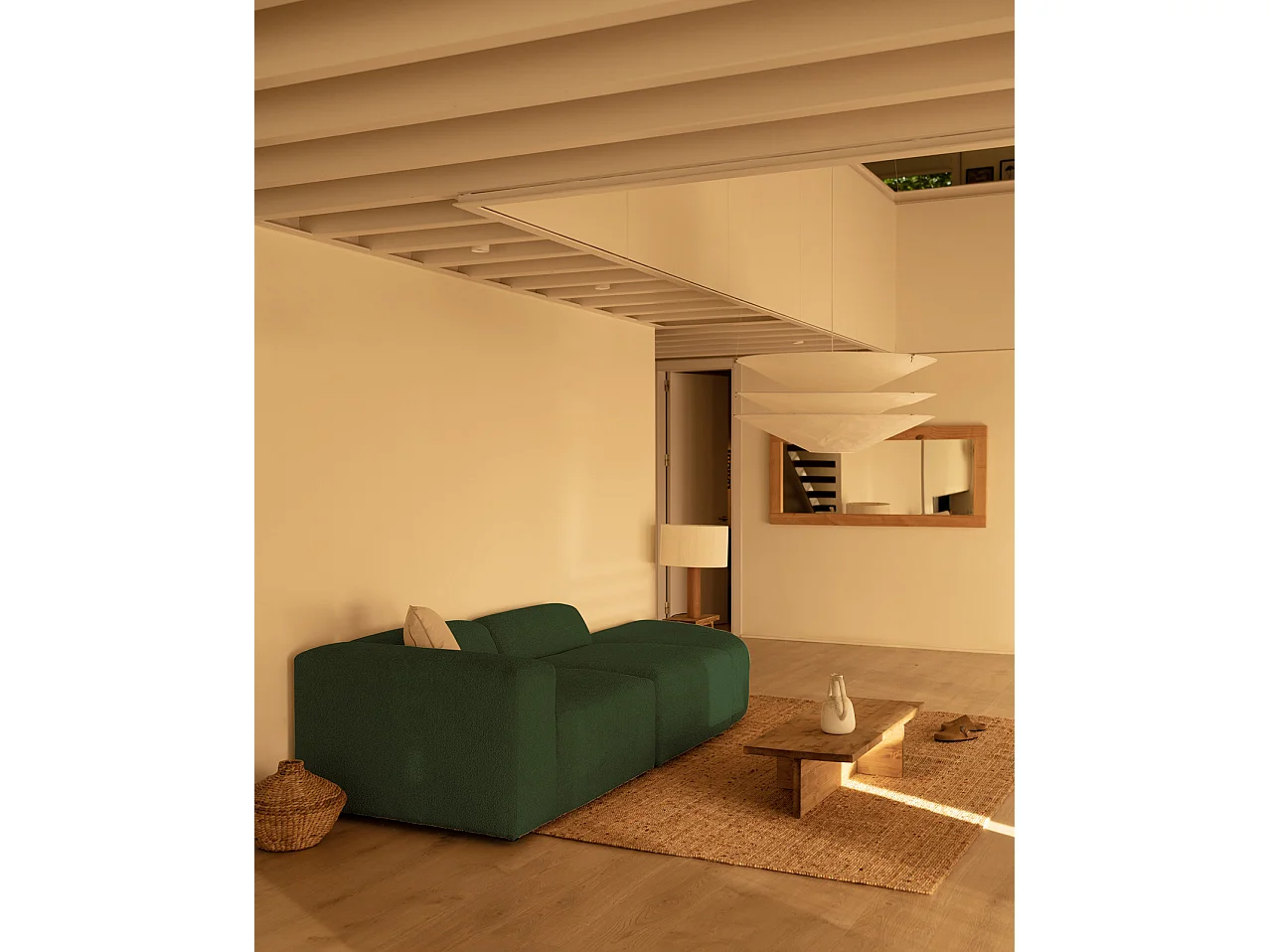 Divano a 3 moduli con curva a destra in bouclé verde 320x110cm